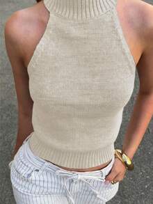 Women's Solid Color Casual Neck Hanging Soft Knit Vest Summer - Yellow-camel - View 5