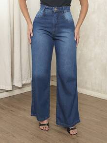 Women's Wide Leg Jeans, Marbled, No Lycra, High Waist, Premium Sophisticated Elegant, Wide Leg, On - 藍色 - 查看 1