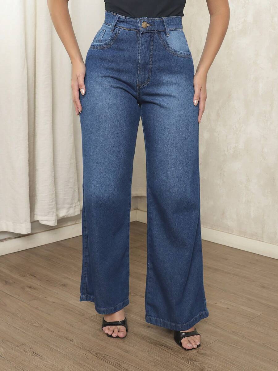 Women's Wide Leg Jeans, Marbled, No Lycra, High Waist, Premium Sophisticated Elegant, Wide Leg, On - 藍色 - 查看 1