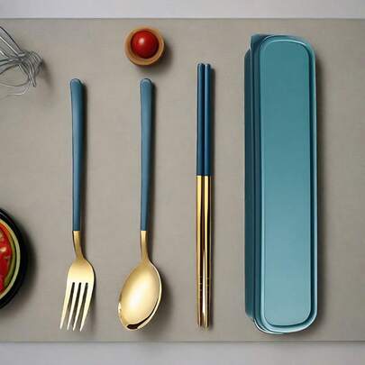 Luxury Blue Gold Stainless Steel Dinnerware 4-Piece Set: Household Chopsticks, Spoon, And Fork Set, Includes A Storage Box. High Temperature Resistant And Rust-Resistant, The Chopsticks, Spoon, And Fork Meet Diverse Needs For Daily Meals, Western Cuisine, And More.