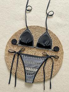 Women's Unique Textured Fabric Bikini Two Pieces Swimwear, Cute Spaghetti Strap Backless Design - Dusty Blue - View 3