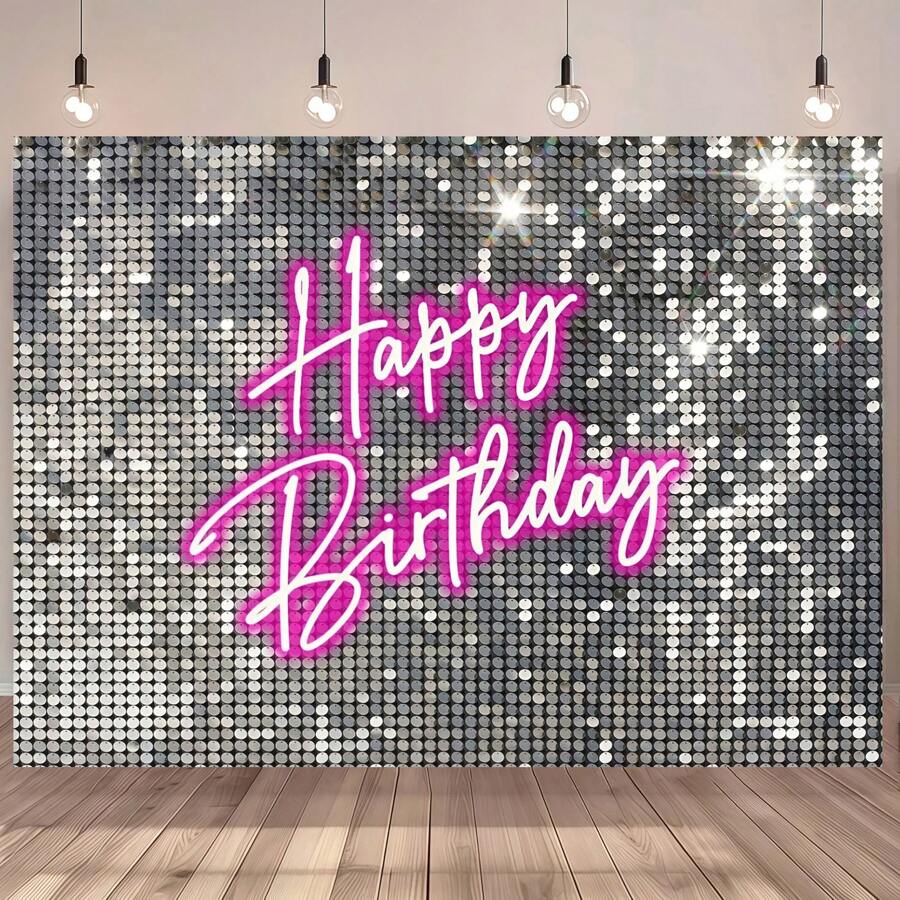 1 Peça Painel de Aniversário com Lantejoulas Prateadas, com Bottom de Lantejoulas Prateadas e Design de "Feliz Aniversário" em Néon Rosa, Adequado para Decoração de Festa de Aniversário de Estilo Princesa para Meninas e Mulheres, Bottom de Fotografia, Decoração da Mesa de Bolo - Multicolorido - Visão 1