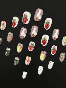 24pcs Strawberry Cactus Nail Sticker Set, Short Oval Cute Fake Nails, Vibrant Summer Fruit Style. Create 3D Strawberry, Cactus, Little Yellow Chick And Rainbow Stripe Patterns On Pink/White Base. Glossy Texture, Short Oval Fake Nails. Suitable For Summer, Daily Commute, Party, Work And Other Occasions! - Multicolor - View 3