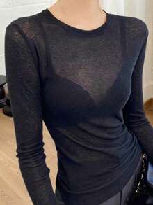 Y2K 弹性透视长袖圆领修身T恤上衣 黑色 春季 - 黑色 - 查看 2