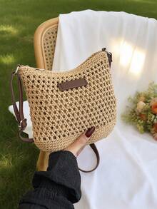 Women's Straw Shoulder Crossbody Bag, Summer Beach Bag - Khaki - View 6