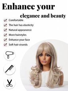 20英寸中长款层次感波浪假发，带刘海，灰金色挑染，耐热合成纤维假发，适合女性日常及节日佩戴 - 淺灰色 - 查看 9