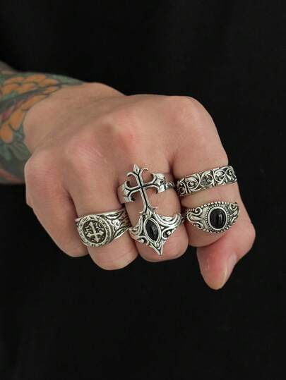 5件套复古哥特几何金属戒指套装，朋克十字架戒指，黑色仿宝石可调节戒指，男士理想节日礼物，魅力饰品