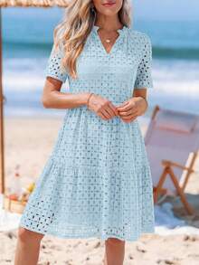 Women's Summer Dress V-Neck Hollow Eyelet Ruffle A-Line Hem Elegant Short Casual Wedding Graduation Travel Beach Holiday Vacation Light Blue Dresses For Women - 淺藍色 - 查看 5