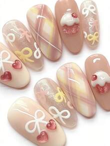 10pcs Pure Handmade Press On Nails Long Nails Alnmond Nails Pink Nails Sweet Girlish Style Pink Gradient Glitter Hand-Painted Bow Plaid 3d Cake Heart Charm Cute Gentle Press-On Nails For Women And Girl,Spring Summer Fall Winter Festivals Party And Dailys Life Use - Pink - View 3