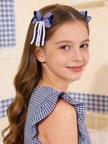 2pcs/Set Girls' Hair Clips, Blue & White Bow Alligator Clips, Curly Tassel Hair Clips, Elegant Fashion Hair Pins, Bowknot Hair Clips For Girls, Daily, Birthday, Wedding, Music Festival Gift, Teens Hair Accessories - Blue - View 2