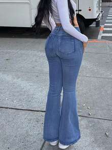 GILIPUR Y2K 女式喇叭牛仔裤，修身弹力中蓝色长裤，街头风，优雅时尚，休闲百搭春季下装 - 中等水洗藍 - 查看 10