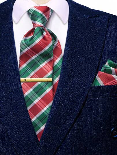 Juego de corbata a cuadros rojos y verdes para hombres - Pañuelo a juego y pinza de corbata dorada, corbata formal festiva para Navidad y celebraciones