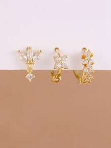 3PCS Fashion Unique Cubic Zirconia Four-Petal Flower Hoop Earring Sets For Women 18K Gold Plated Temperament Stud Earring Cartilage Piercing Jewelry - 3PCS-gold - View 3