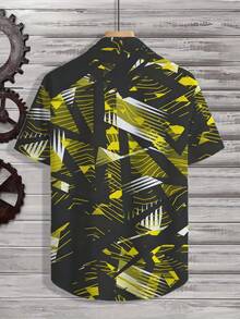 Abstract Geometric Yellow And Black Pattern Symbolizes Bold Confidence And Dynamic Energy 3D Printed Short Sleeve Casual Button Up Shirt For Men Summer Street Fashion Top - 白色 - 查看 3