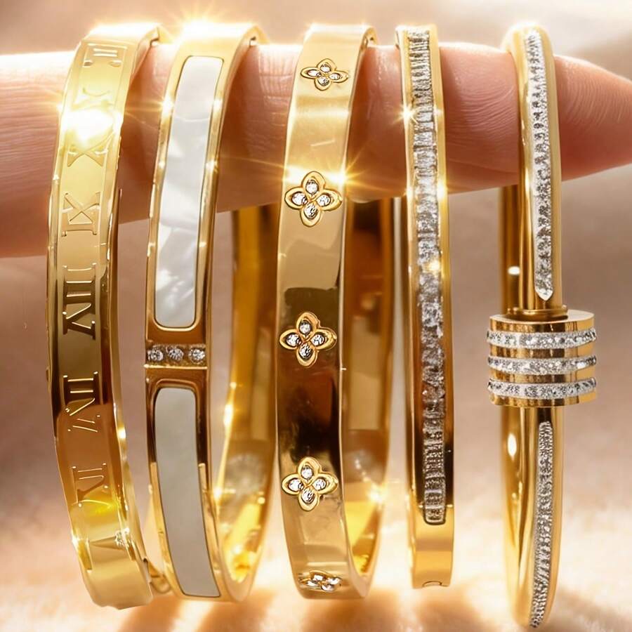 Set de 5 piezas de pulsera de acero inoxidable con circonita, adecuado para uso diario de joyería de mujer - 784+6072+6056+6021+6076+6072 - Ver 1