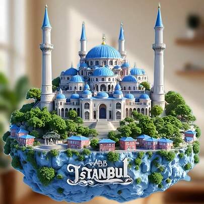 Relief Floating Island Istanbul Blue Mosque Magnet: No-Frame Contour Island Shape, Six Minarets, Domes & Ottoman Details, Raised Gold-Toned "ISTANBUL" Lettering – A Floating Slice Of The Bosphorus's Sacred Skyline For Your Fridge