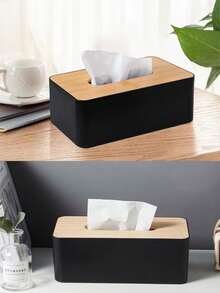 Caja de pañuelos con tapa de madera, caja de pañuelos de gran capacidad, elegante caja de pañuelos de plástico blanco moderno con tapa abierta y esquinas redondeadas, caja de pañuelos con base de resorte, adecuada para dormitorio, baño, oficina, comedor, sala de estar, Día Nacional, Día de San Valentín. - Blanco y Negro - Ver 6