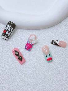 10pcs Y2K Nails Pipe-Shaped Press On Nails Set - Handcrafted, Pink Nails, Black Nails, Blue And White French Tip Nails, Handmade 3D Earphones And 3D, Hand Drawn Green Tea Flower And Shark Design, Hand Drawn Music Elements Nail Art, Sparkling White Bow And Decoration Nail Supplies Handmade Press On Nails - S - 查看 5