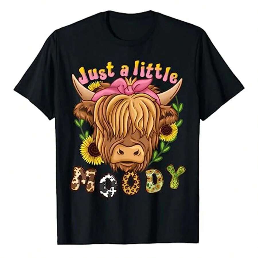 Highland Cow Scottish Highland Cow T-Shirt Cute Animal Lover Floral Print Graphic Tee Tops Women's Fashion Short Sleeve Blouses - màu đen - Xem 1