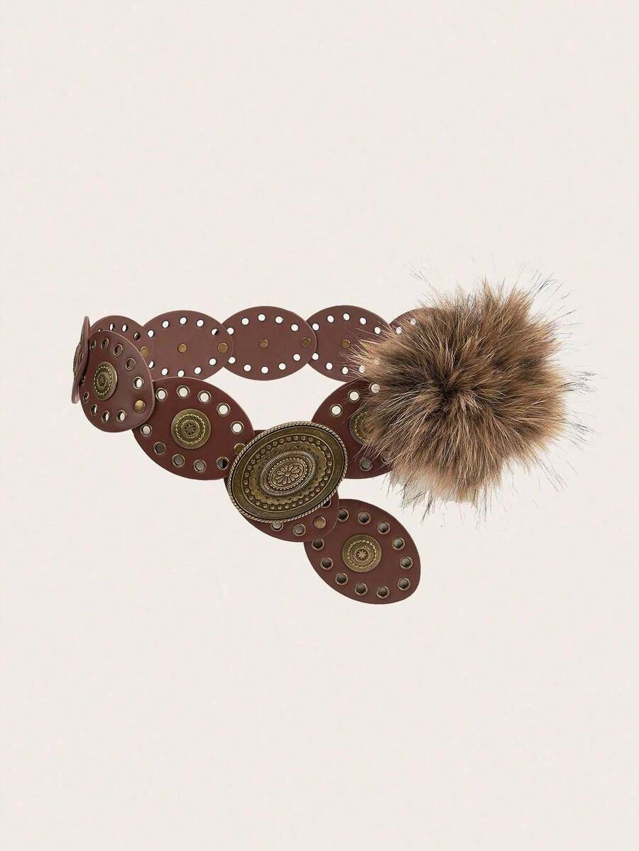 1 chiếc thắt lưng lông xù phong cách Boho màu trơn, kiểu dáng vintage Y2K, chất liệu giả lông thỏ, phụ kiện gợi cảm, phù hợp với áo khoác, quần jeans, váy, mặc hàng ngày, dự tiệc, Halloween, Giáng sinh, món quà tuyệt vời cho bạn bè. - Thắt lưng da ghép mảnh với viền lông thú - Xem 1