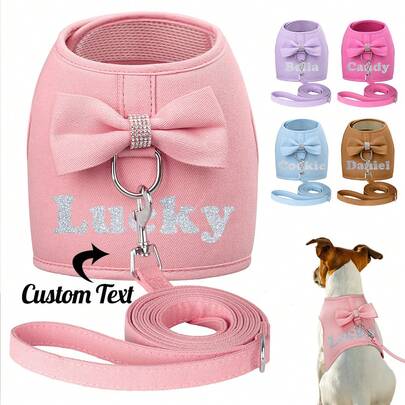 Elegant Diamond Bow Mesh Customized Dog Harness & Leash Set, Personalized Pet Chest Strap With Breathable Lining