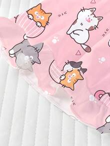 两件套女童可爱猫咪印花睡衣套装，包括一件阻燃翻领短袖开衫和一条宽松弹力腰短裤，粉色底色，饰有茶杯猫图案，适合儿童和青少年居家穿着。 - 粉色 - 查看 8