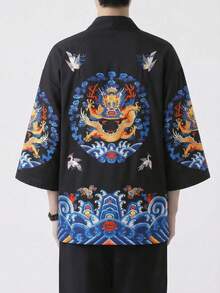 Cárdigan tipo kimono con estampado de grulla y nube auspicios estilo chino, chaqueta ligera de protección solar de 3/4 de manga para hombres - Negro - Ver 2