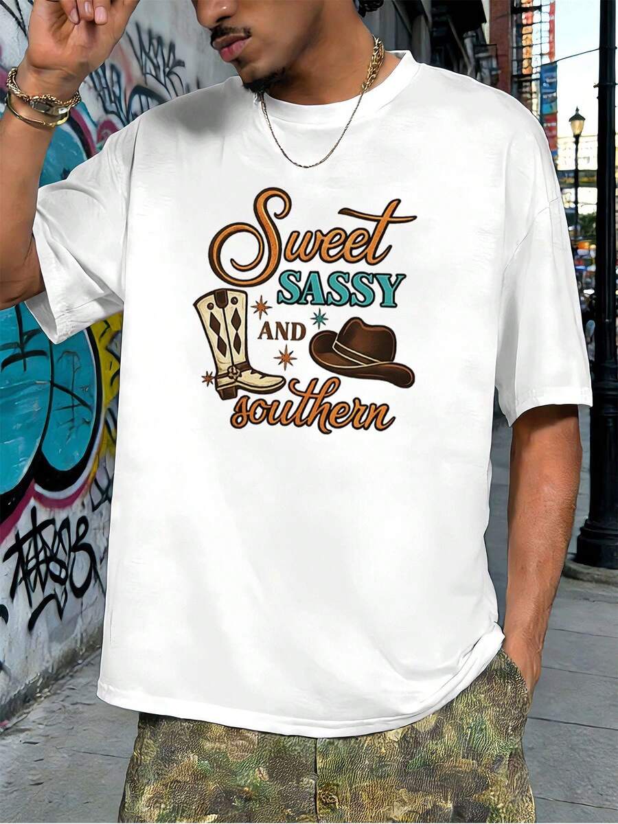 Camiseta con estampado gráfico "Sweet Sassy Southern" de cuello redondo, corte holgado, estilo casual y cómodo, con un dise?o gráfico único. - Blanco - Ver 1