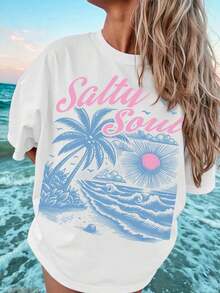 Women's Summer Sun Is Coming Beach Atmosphere Aesthetic Fashion Summer Coconut Tree Beach Vacation Pattern T-Shirt Short Sleeve Soft And Breathable Suitable For Daily Wear - Blanco - Ver 5