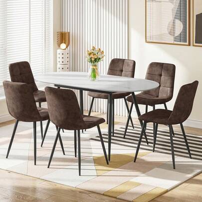 Extendable Dining Table And Chairs Set Of 6, Oval Mable Effect Table With Upholstered Chairs For Dining Room (Brown PU, Set Of 6)