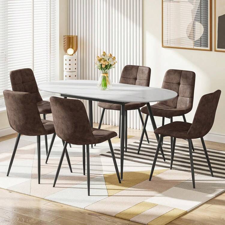 Extendable Dining Table And Chairs Set Of 6, Oval Mable Effect Table With Upholstered Chairs For Dining Room (Brown PU, Set Of 6) - White Marble Table + 6 Brown PU Chairs - View 1