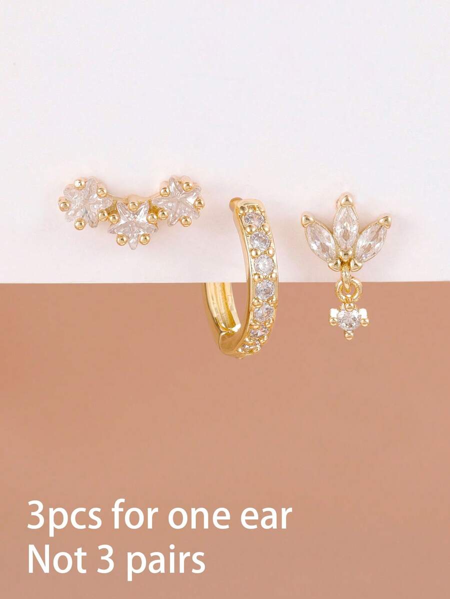 3件套奢华星形锆石穿孔耳环套装，女士18K镀金朋克风耳钉耳环，女士饰品 - 3PCS-GOLD-3# - 查看 1