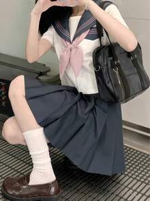 日系女学生风格套装 - 灰色/粉色短袖上衣+裙子+领结三件套，适合角色扮演、动漫人物扮演、夜店穿着、服装派对、情人节等场合。 - 彩色 - 查看 5