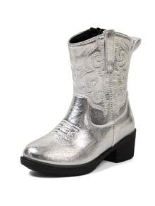 NILOSH 1 Pair Children's Embroidered PU Leather TPR Sole Mid-Calf Boots, Fashionable Spring/Autumn Style - Silver - View 20