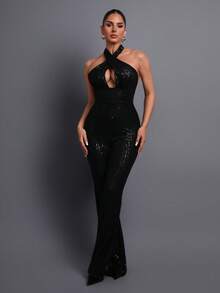 迷人亮片吊带连体裤 - 优雅正式的独特领口和喇叭裤腿设计，适合派对、宴会、婚礼、舞会和盛大晚宴等场合。 - 黑色 - 查看 6