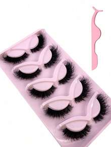 5 Pairs Cat Eye 3D Faux Mink Lashes, Natural Curly & Fluffy False Eyelashes - Black - View 9