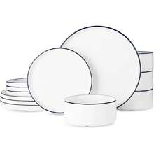 Dinnerware Set 18-Piece, Porcelain Service 6, Plate Set With Modern Raised, Microwave & Dishwasher , White CDPY - Màu trắng với viền xanh đậm - Xem 12