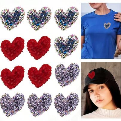 4片闪亮爱心熨烫贴片 - 无需缝纫，闪亮DIY装饰，适用于手机壳、帽子、外套、包包。完美的情人节礼物和时尚配饰手工材料。