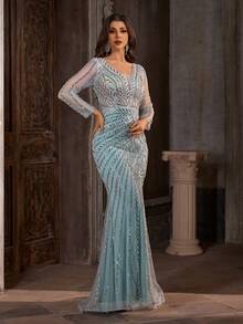 亮片刺绣蕾丝V领优雅性感鱼尾晚礼服 - 淺藍色 - 查看 7