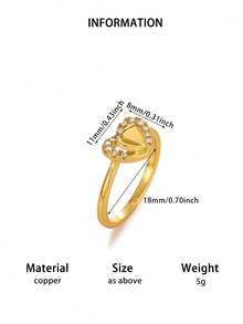 1 pieza Anillo de corazón de circonita cúbica vintage para mujer, color dorado, anillo geométrico para boda, fiesta y regalo de joyería - Dorado - Ver 2