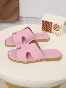 Kids' Fashionable Outdoor Slippers, Summer Square Toe Flat Sandals, New Square Toe Beach Shoes, Beloved By Girls - Pink - View 4