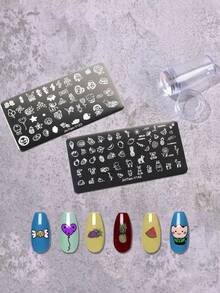 2pcs Cartoon Fruit Pattern Nail Art Stamping Plates, 1pc 2.8cm Nail Stamper With Cap, Nail Stamping Tool With Scraper - Silver - View 7