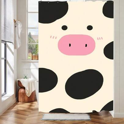1件装极简卡通小猪图案浴帘，可爱小猪印花，适用于浴室浴缸隔断，浴室配件，浴室帘装饰