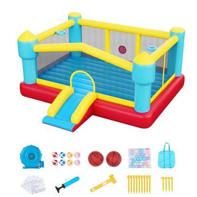 Inflatable Bounce House, 14.7 X 13.8 X 6.8 Ft Jumping Bouncy Castle, Inflatable Jumper For Kids With Slide, Basketball Hoop, Target Game & Jumping Area, Jumpings House Holds 3-4 Kids (Ages 3-8)