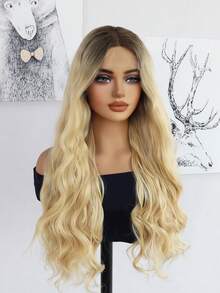 Peluca sintética con encaje frontal, ondulada, de color rubio degradado, de 13x3x1 pulgadas, con raya al medio, para uso diario y de fiesta, con línea del cabello natural pre-recortada, resistente al calor y de aspecto natural, fácil de usar para principiantes - Multicolor - Ver 5