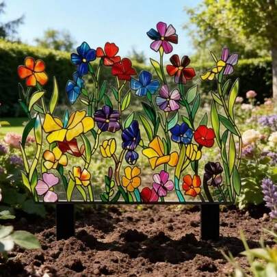 1pc Colorful Stained Glass Effect Flower Garden Decor, Dual-Tip Retro Floral Yard Art Craft, Waterproof Lawn Ground Stake, Suitable For Mother's Day, Spring/Summer Outdoor Decoration