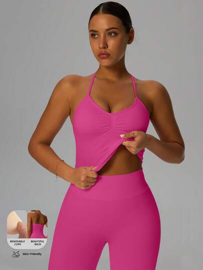 Yefecy New Impact Sports Yoga Tank Top, Women Fitness Yoga Shirt, Sports Wear, Backless Ruched Built-In Bra Crop Top Spring