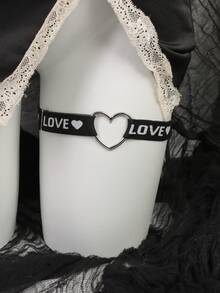 1件朋克风黑色弹力大腿吊袜带，配有银色心形环和“LOVE”字样，前卫的腿部绑带，适合颓废风和街头服饰。 - 黑色 - 查看 4