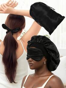 4pcs Hair Care Tool Set 1pc Satin Night Hat Bonnet Elastic Band Wide Brimmed Sleeping Caps 1 Pc Bow Cute Hair Tie /Scrunchies 1 PC Satin Eye Mask 1 PC Satin Bag Sleep Essentials Travel Set Solid Black Pink Burgundy Purple Gold - A - View 7