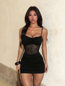 1 pieza Vestido elegante y sexy de tela de punto transparente, adecuado para vacaciones, citas nocturnas, primavera/verano - Negro - Ver 1